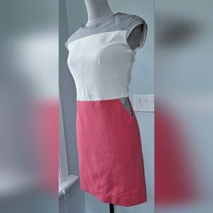 Karen Millen color block dress cap sleeve white gray rose pink snug sz 4
